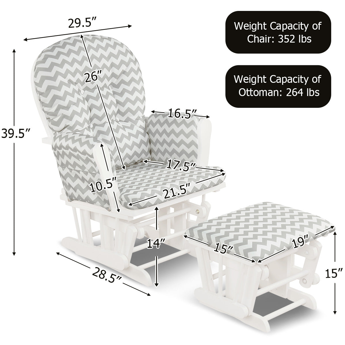 Wood Glider Ottoman Set, Padded Armrests, Detachable Cushion, Gray And White Recliners at Gallery Canada
