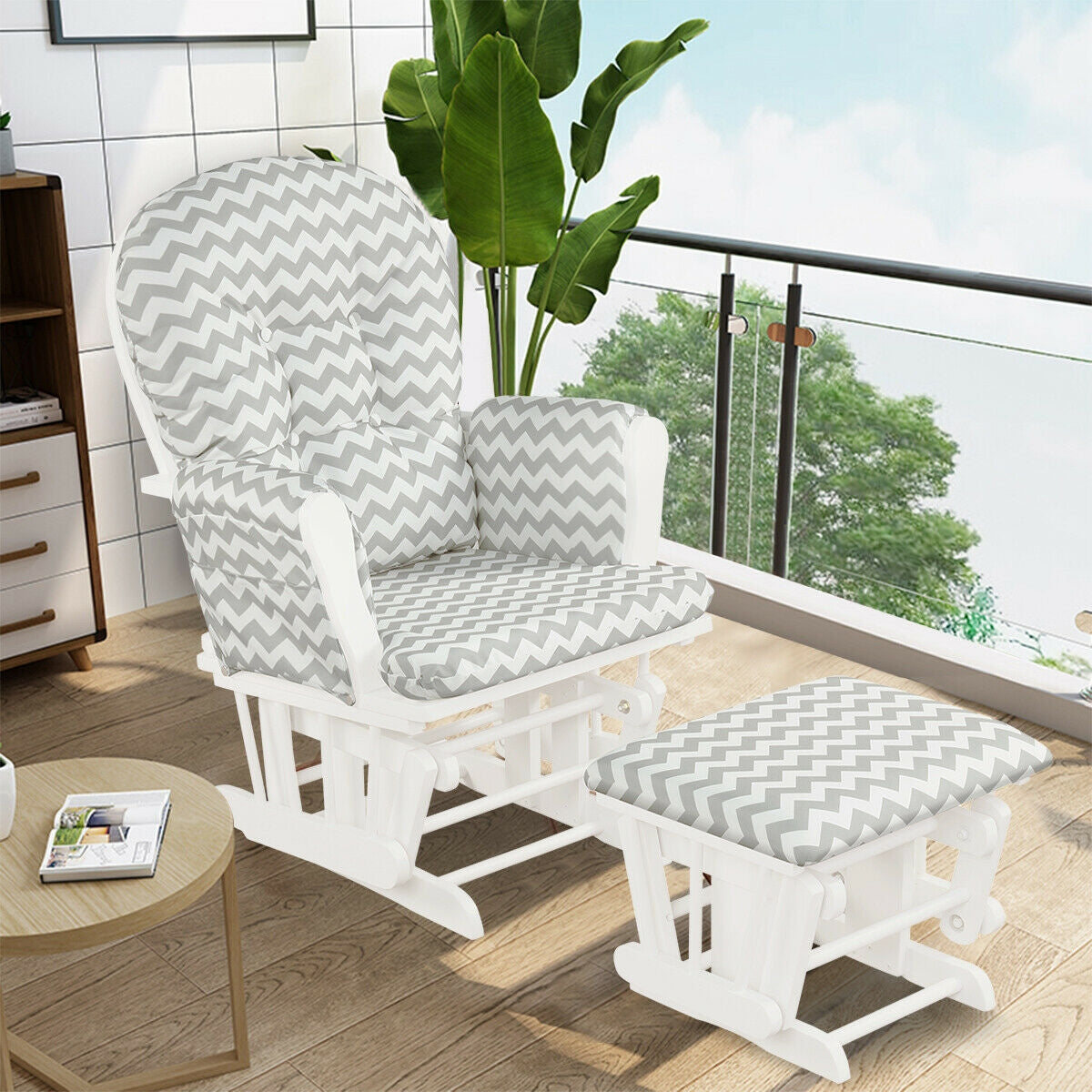 Wood Glider Ottoman Set, Padded Armrests, Detachable Cushion, Gray And White Recliners at Gallery Canada