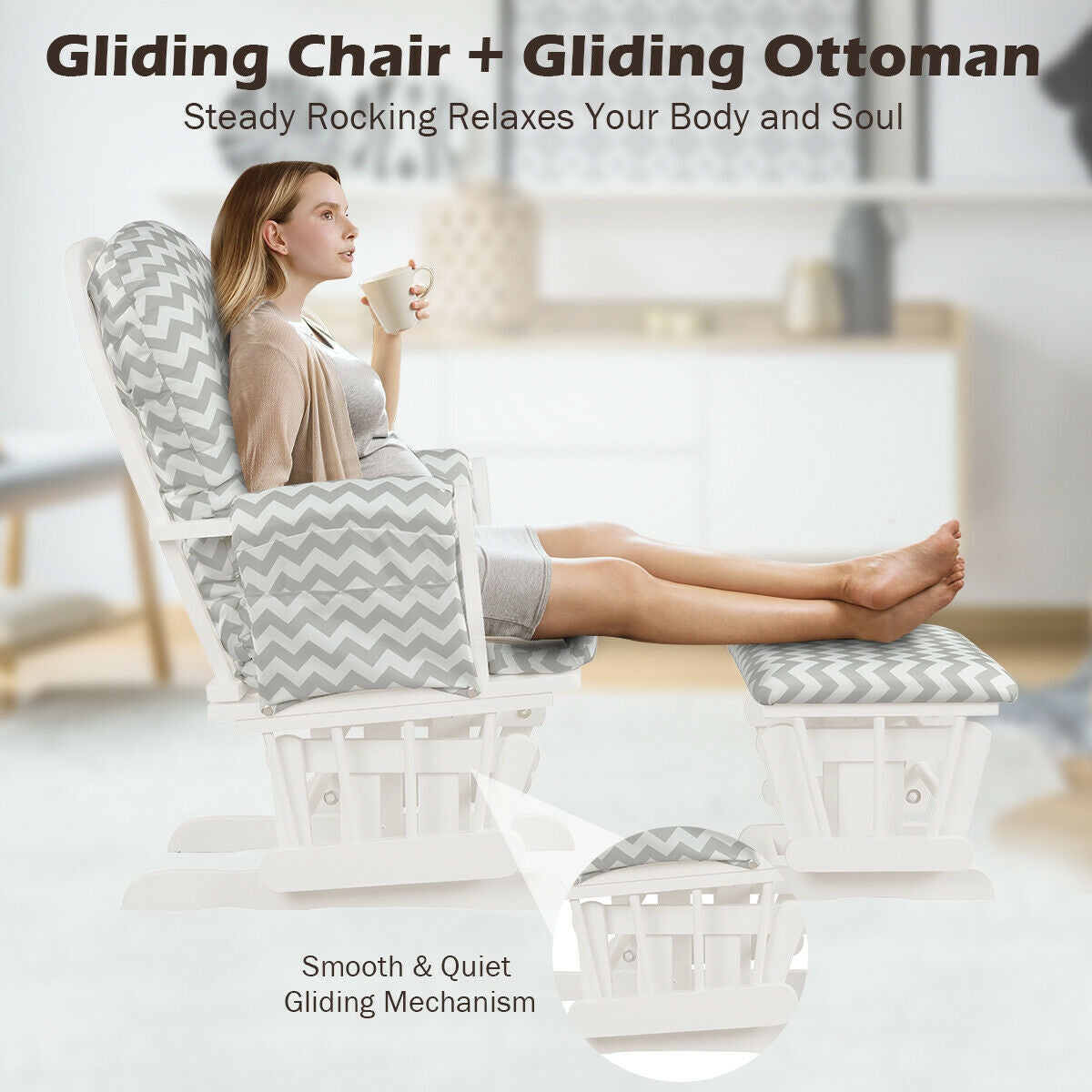 Wood Glider Ottoman Set, Padded Armrests, Detachable Cushion, Gray And White Recliners at Gallery Canada