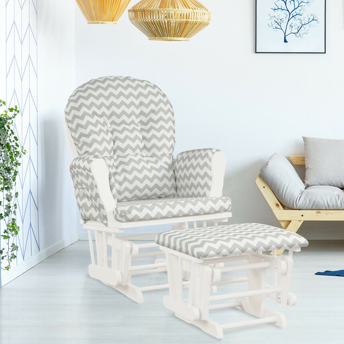Wood Glider Ottoman Set, Padded Armrests, Detachable Cushion, Gray And White Recliners at Gallery Canada