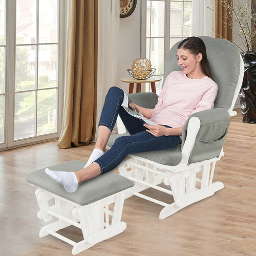 Wood Glider Ottoman Set, Padded Armrests, Detachable Cushion, Light Gray