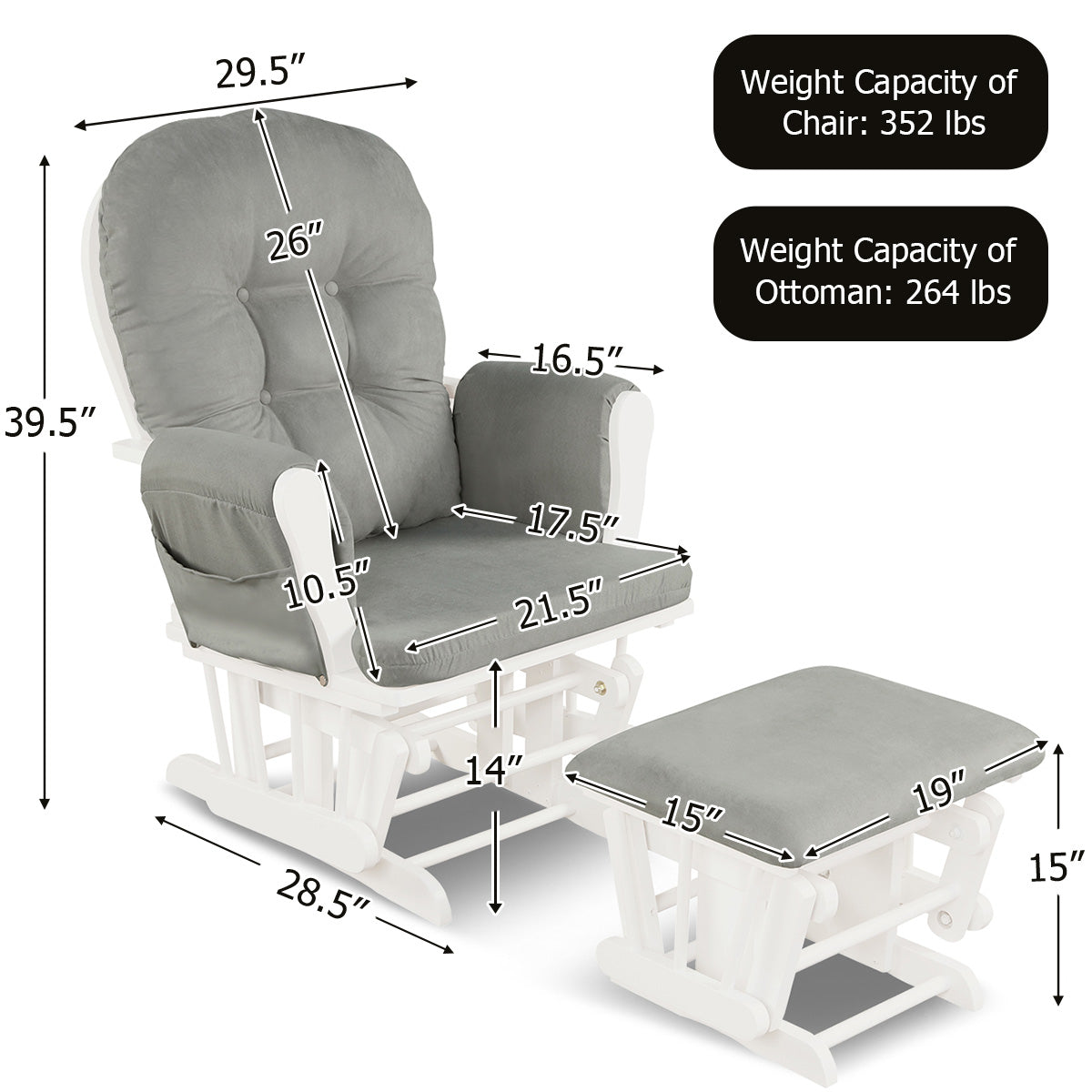 Wood Glider Ottoman Set, Padded Armrests, Detachable Cushion, Light Gray Recliners at Gallery Canada