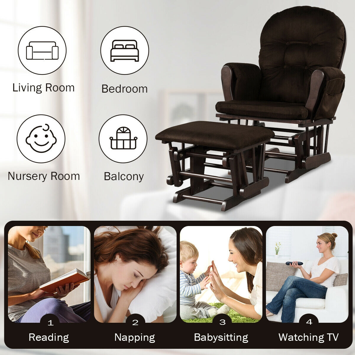 Wood Glider Ottoman Set, Padded Armrests, Detachable Cushion, Brown Recliners at Gallery Canada