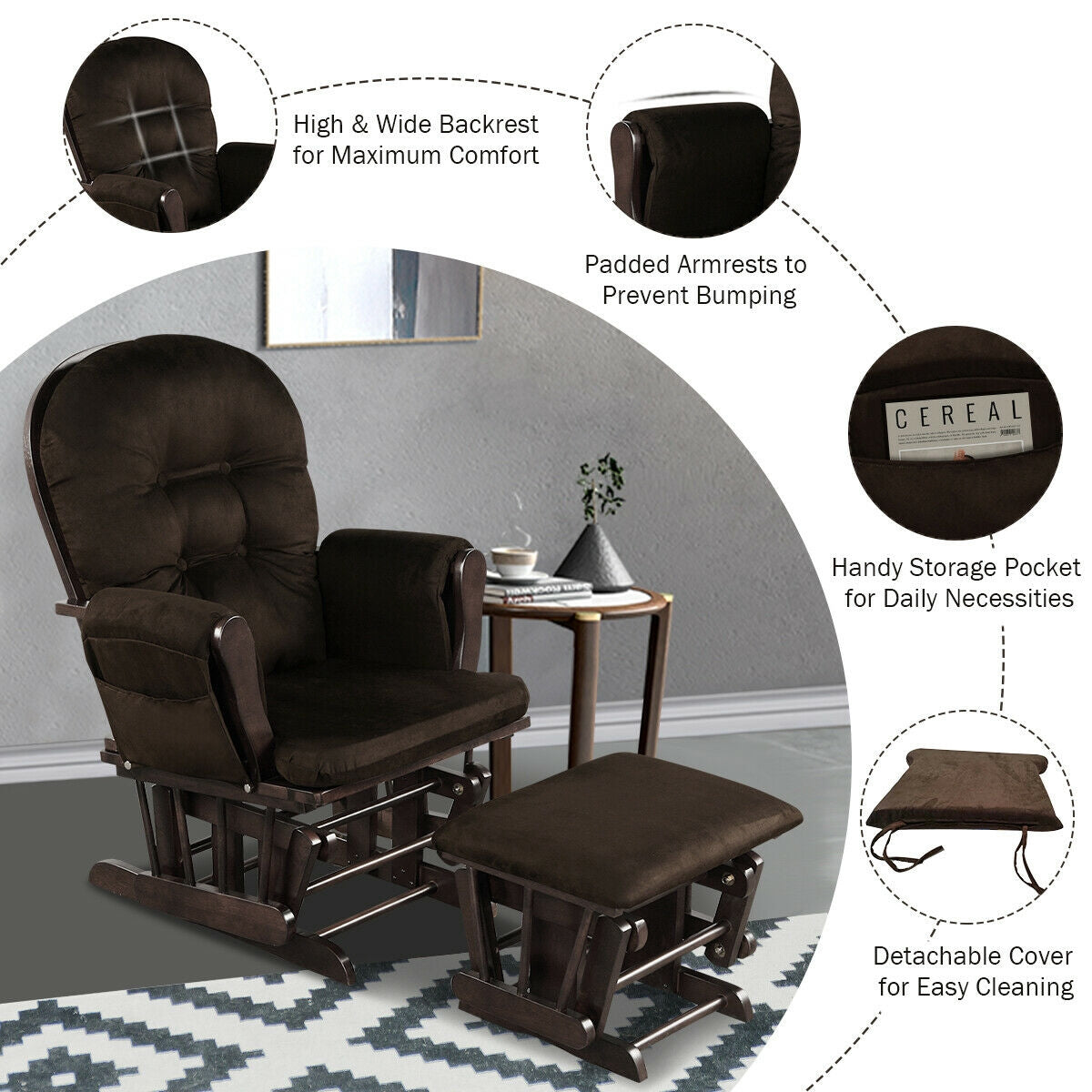 Wood Glider Ottoman Set, Padded Armrests, Detachable Cushion, Brown Recliners at Gallery Canada