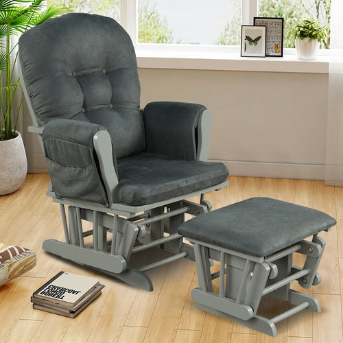 Wood Glider Ottoman Set, Padded Armrests, Detachable Cushion, Dark Gray