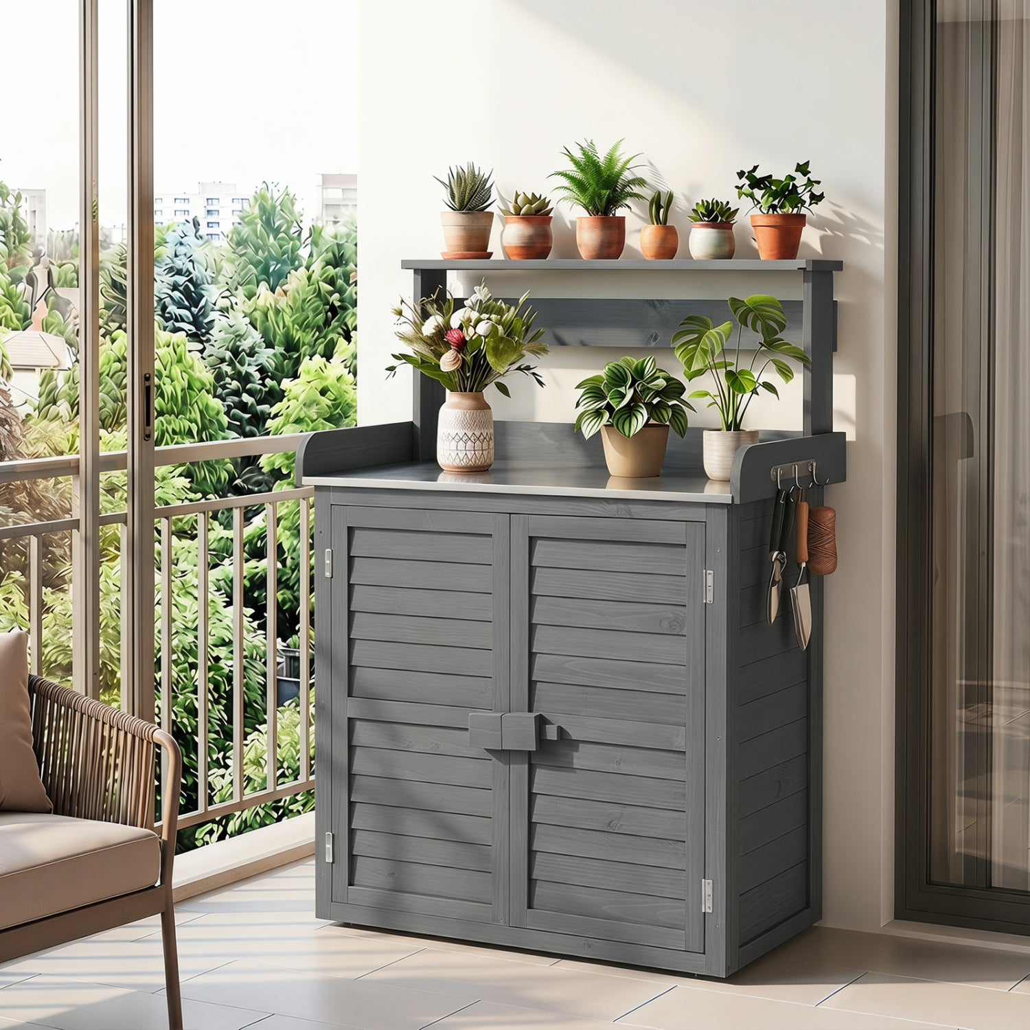 Wood Plant Workstation, Stainless Steel Tabletop, Gray Potting Benches & Tables at Gallery Canada