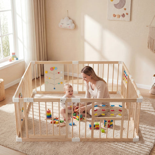 Wooden Baby Playpen, Adjustable Large Play Yard, Natural