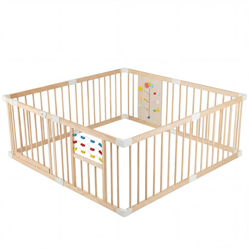 Wooden Baby Playpen, Adjustable Large Play Yard, Natural