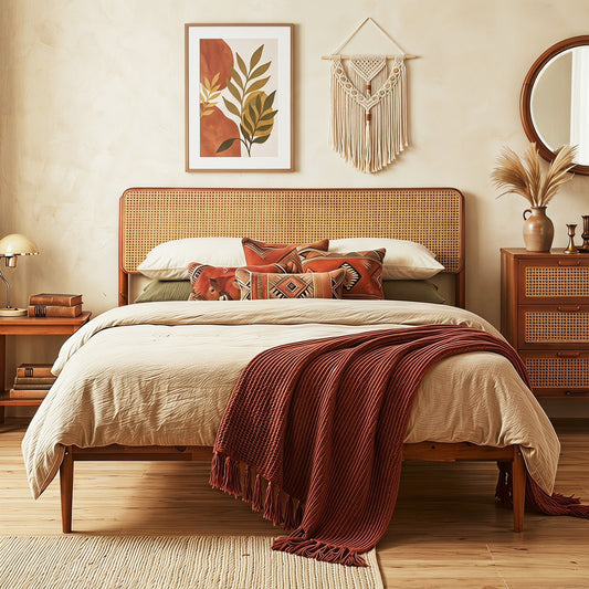 Wooden Boho Rattan Bed Frame, Queen Simple Bed Frame Queen at Gallery Canada
