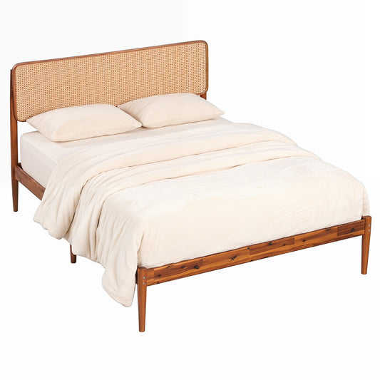 Full Rattan Wooden Bed Frame with Slat Support, Brown Simple Bed Frame Brown at Gallery Canada