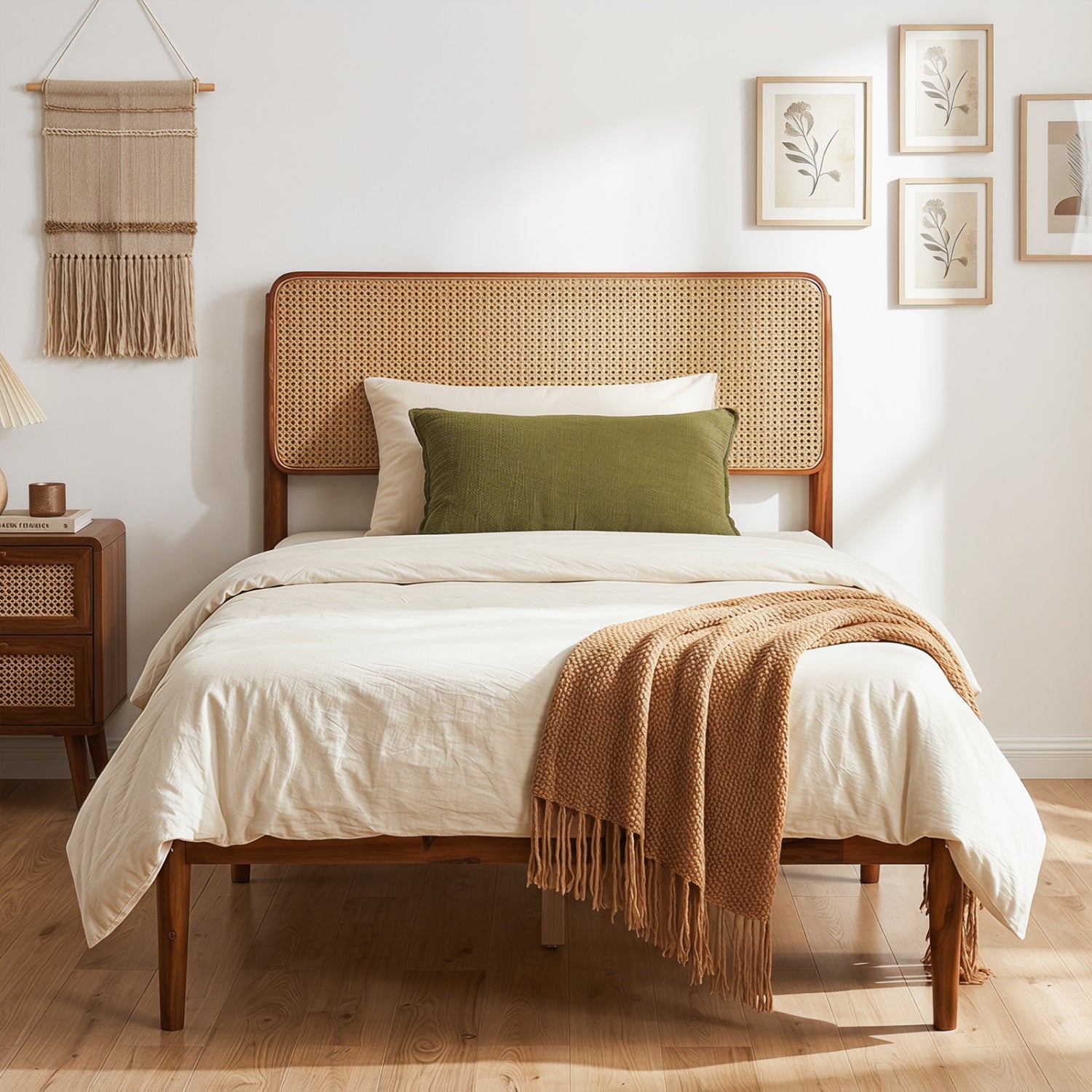 Wooden Boho Rattan Bed Frame, Twin, Brown Simple Bed Frame at Gallery Canada
