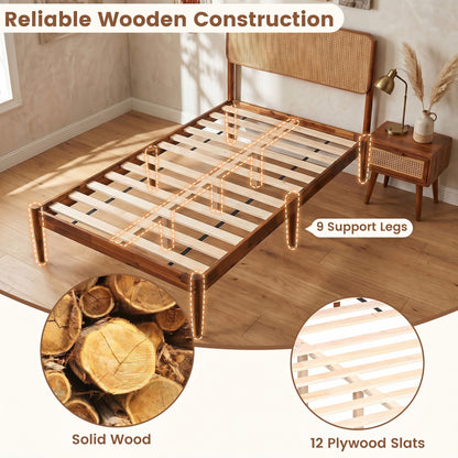 Wooden Boho Rattan Bed Frame, Twin, Brown Simple Bed Frame at Gallery Canada
