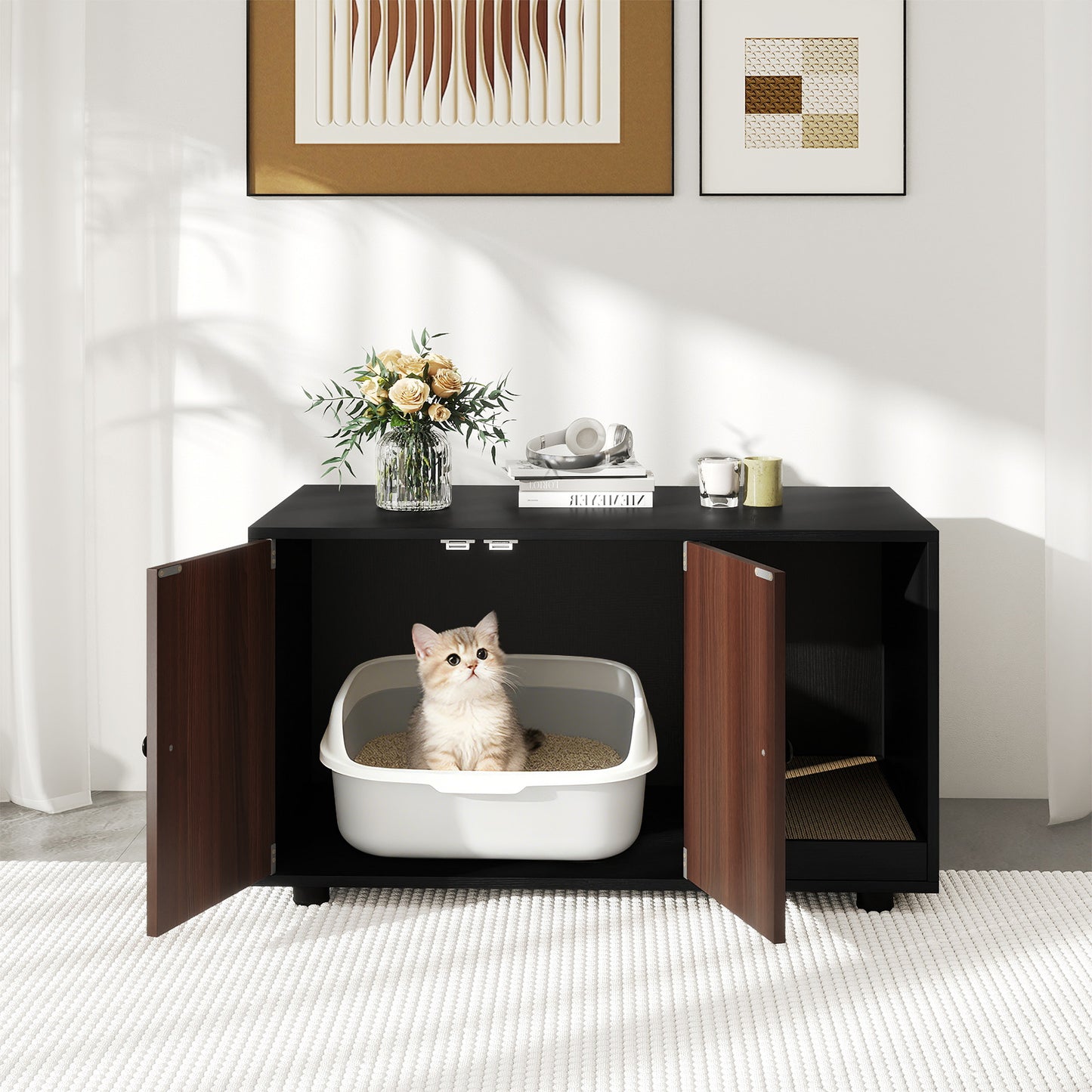 Wooden Cat Litter Box Enclosure Hidden Litter Box Furniture with Scratching Board, Black Cat Houses at Gallery Canada
