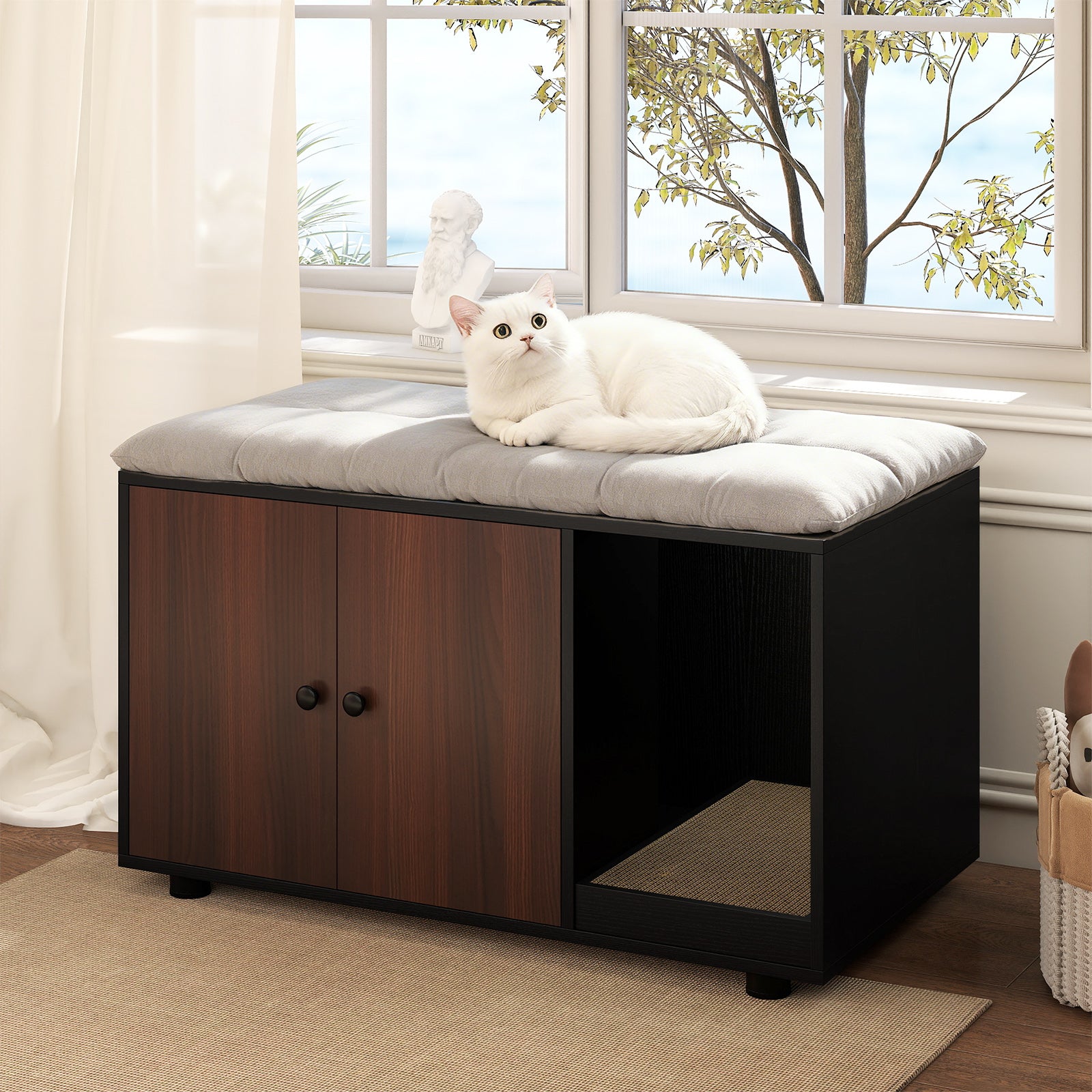 Wooden Cat Litter Box Enclosure Hidden Litter Box Furniture with Scratching Board, Black Cat Houses at Gallery Canada
