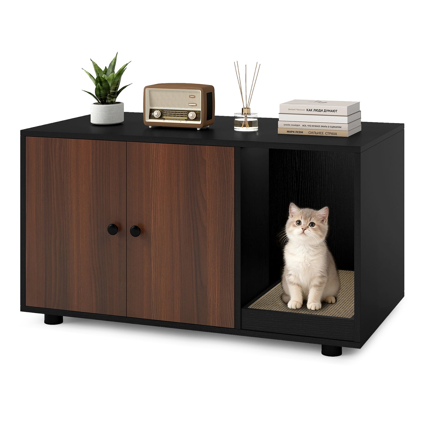 Wooden Cat Litter Box Enclosure Hidden Litter Box Furniture with Scratching Board, Black Cat Houses at Gallery Canada
