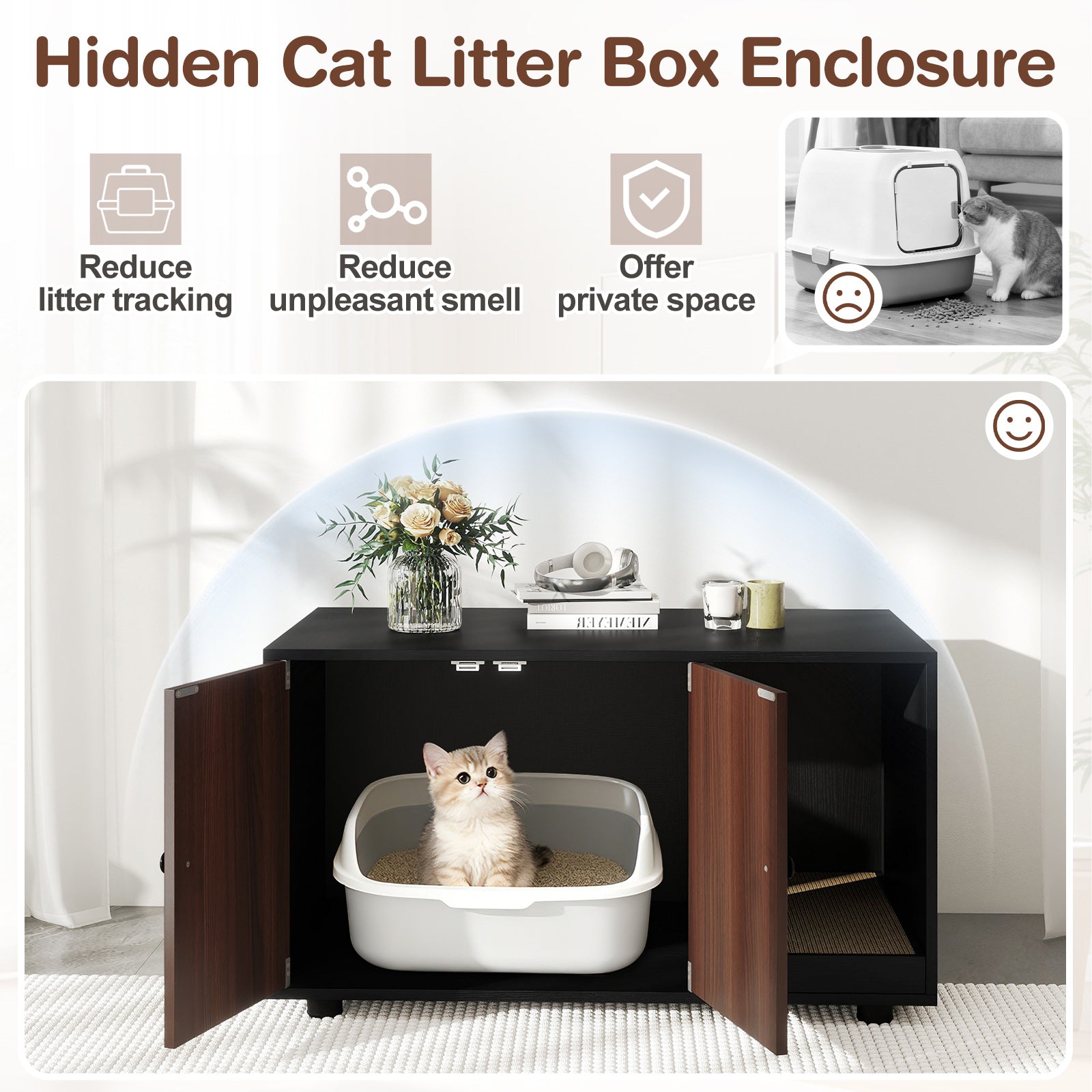 Wooden Cat Litter Box Enclosure Hidden Litter Box Furniture with Scratching Board, Black Cat Houses at Gallery Canada