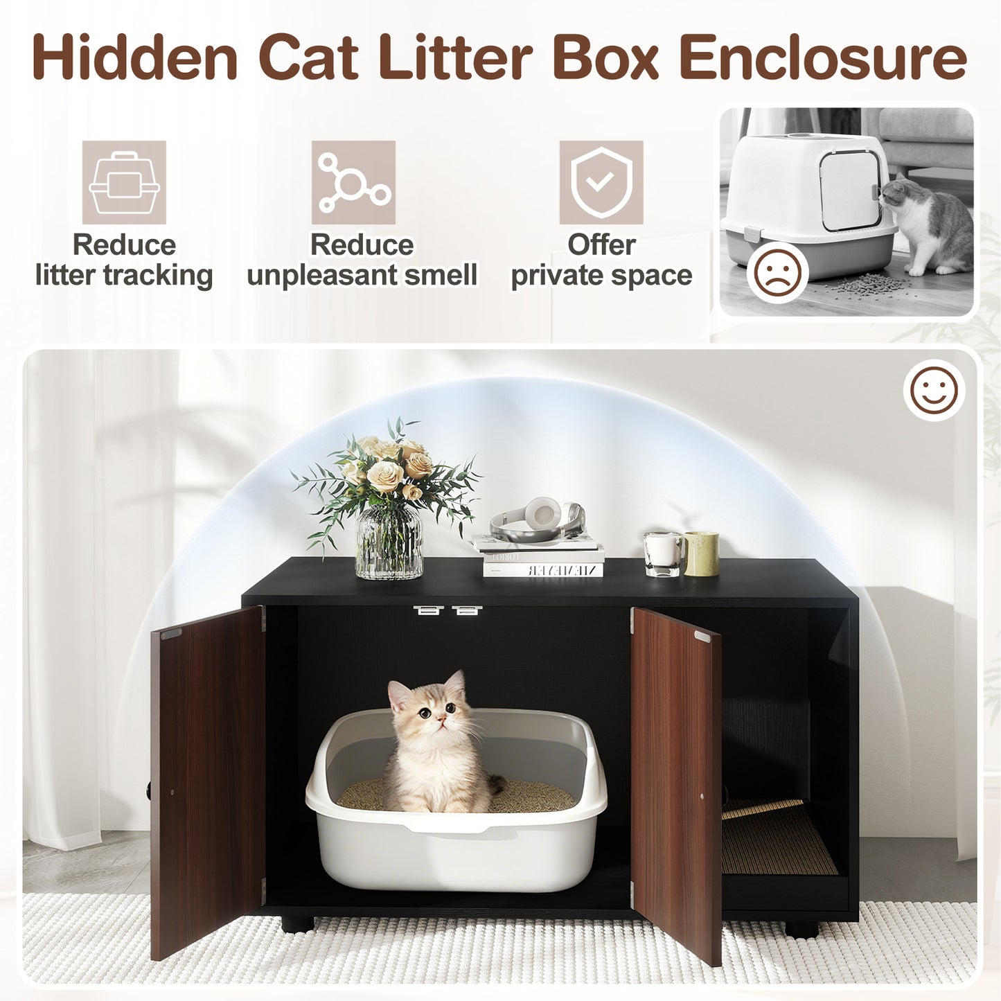 Wooden Cat Litter Box Enclosure Hidden Litter Box Furniture with Scratching Board, Black Cat Houses at Gallery Canada