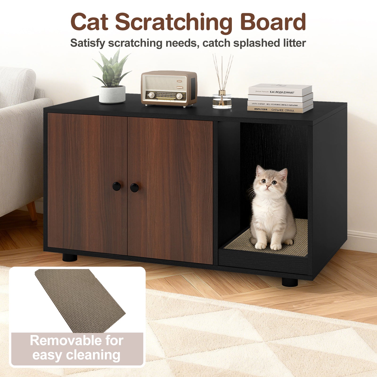 Wooden Cat Litter Box Enclosure Hidden Litter Box Furniture with Scratching Board, Black Cat Houses at Gallery Canada