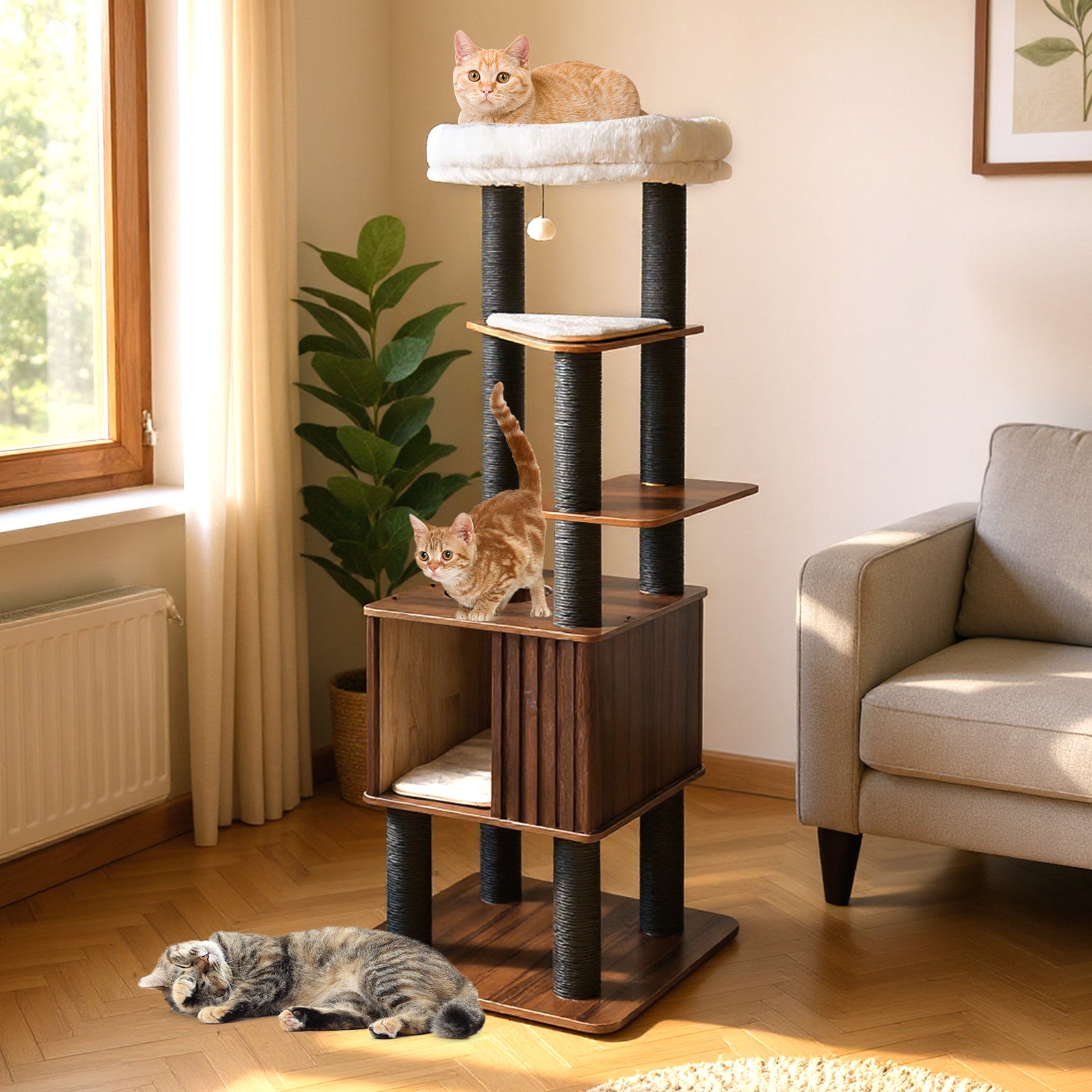 Wooden Cat Tower Top Perch with Soft Padding, Brown Cat Trees Condos & Scratchers at Gallery Canada
