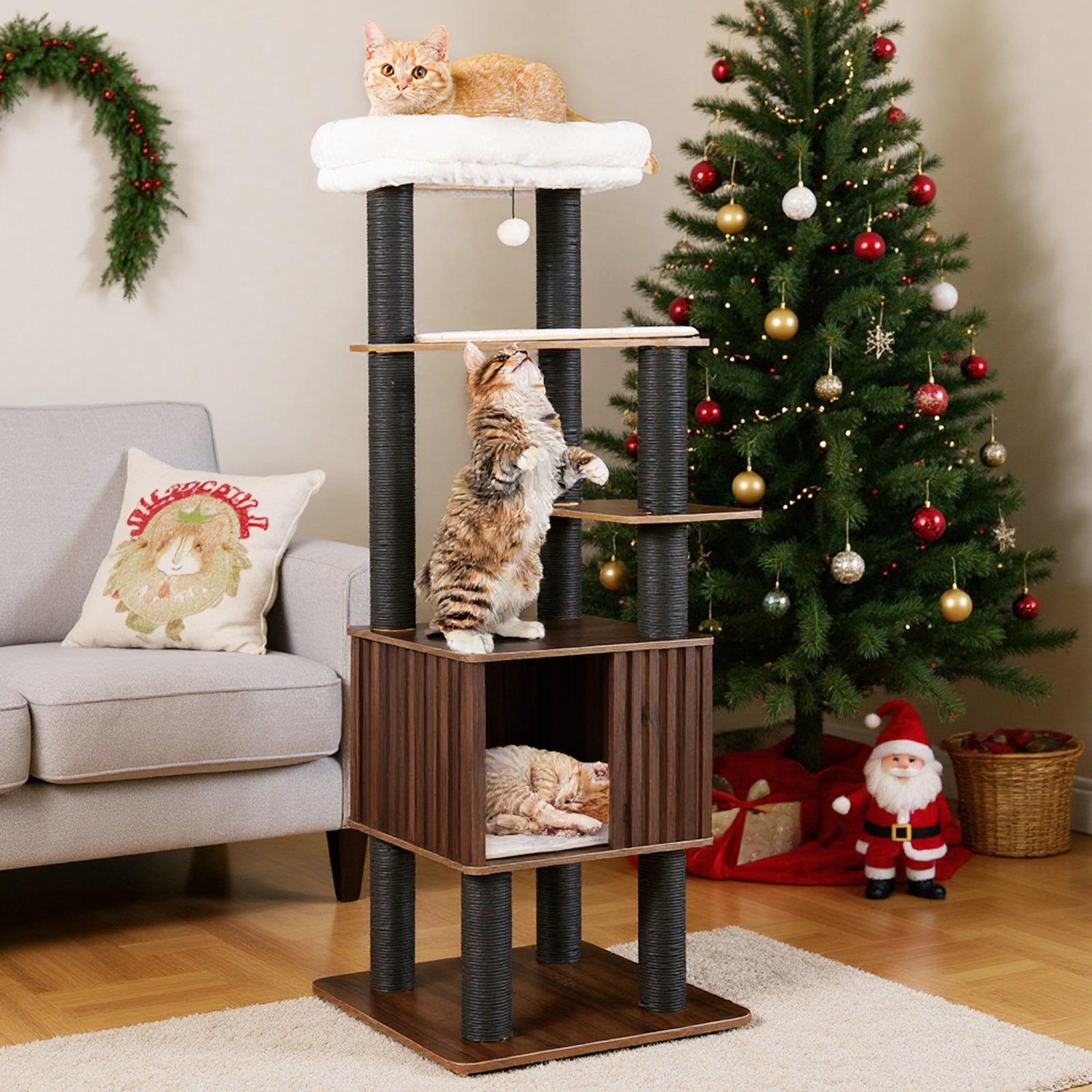 Wooden Cat Tower Top Perch with Soft Padding, Brown Cat Trees Condos & Scratchers at Gallery Canada