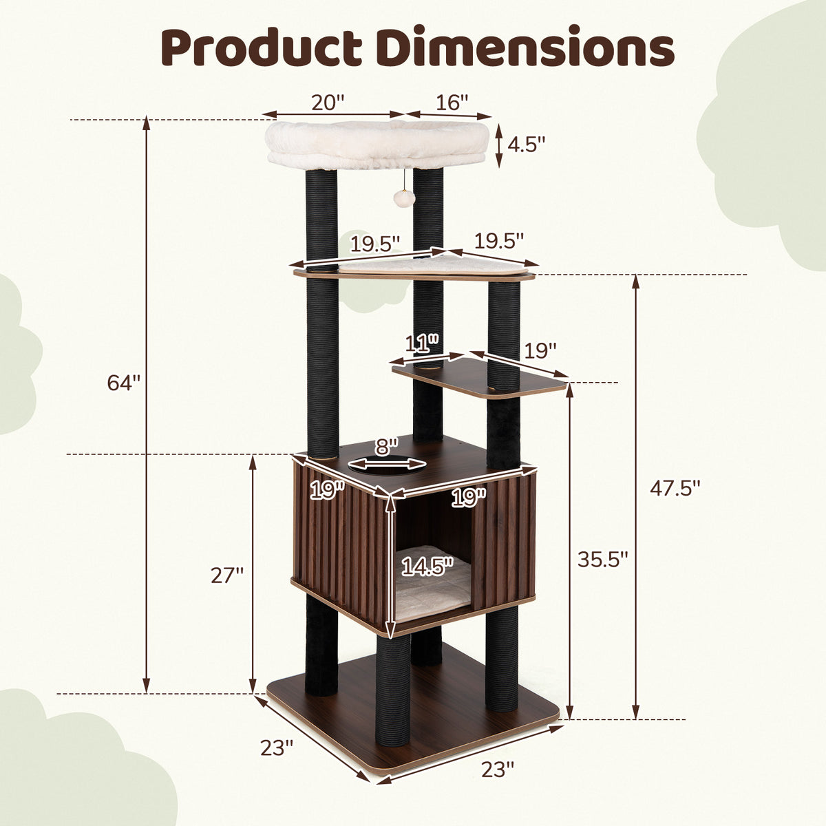 Wooden Cat Tower Top Perch with Soft Padding, Brown Cat Trees Condos & Scratchers at Gallery Canada