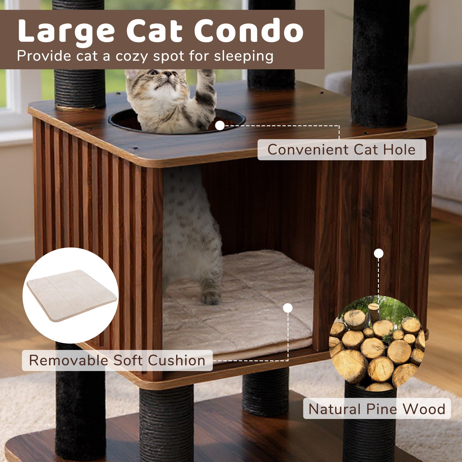 Wooden Cat Tower Top Perch with Soft Padding, Brown Cat Trees Condos & Scratchers at Gallery Canada