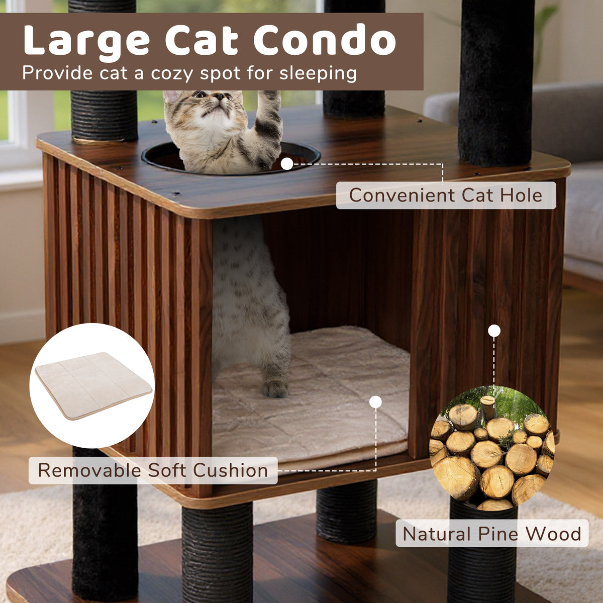 Wooden Cat Tower Top Perch with Soft Padding, Brown Cat Trees Condos & Scratchers at Gallery Canada