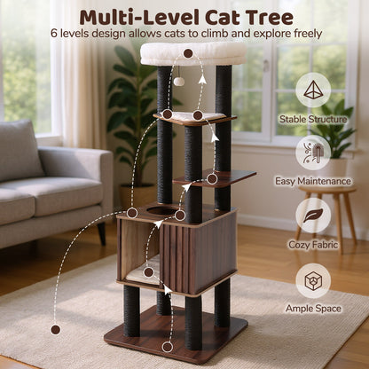 Wooden Cat Tower Top Perch with Soft Padding, Brown Cat Trees Condos & Scratchers at Gallery Canada