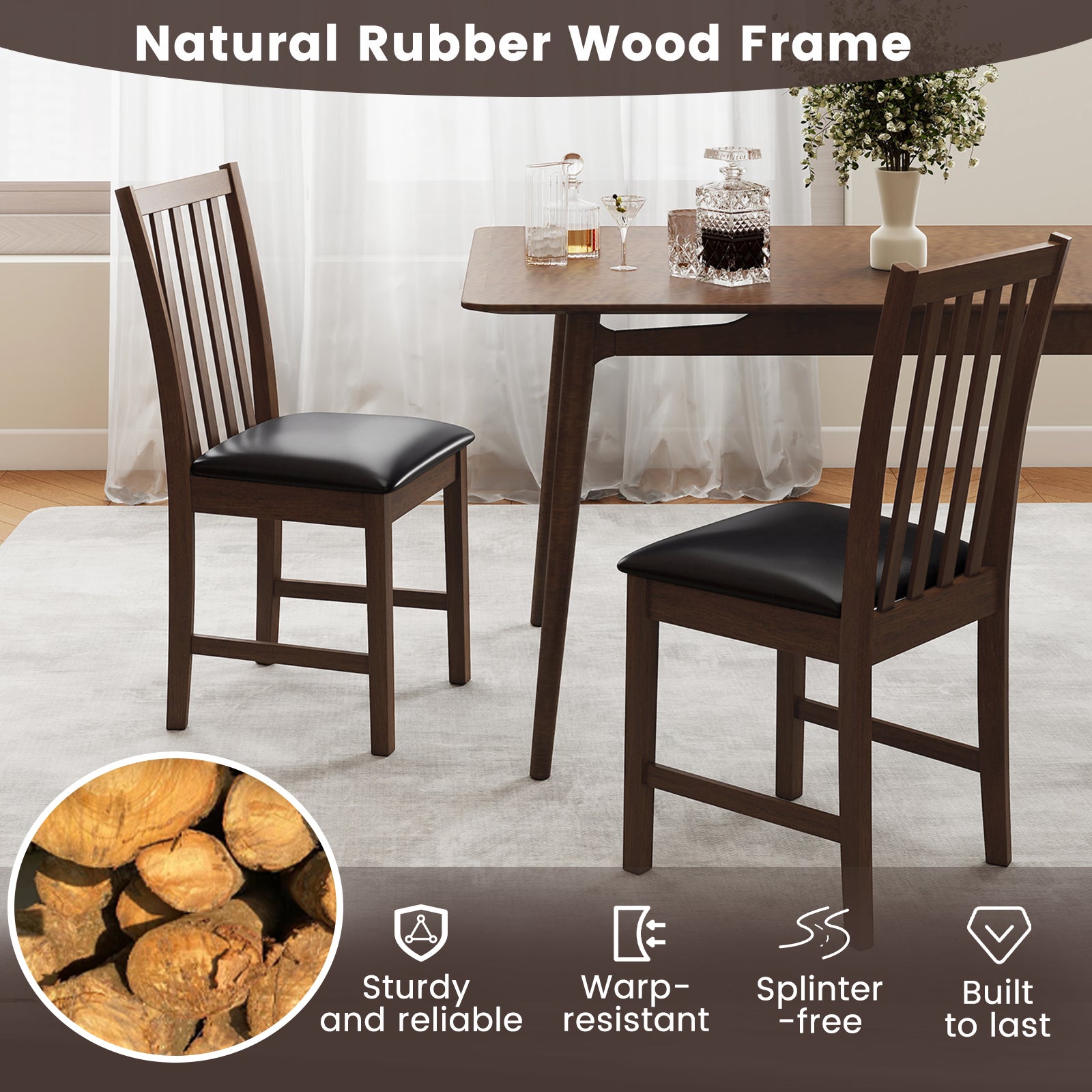 Wooden Dining Chair Set, 2 Chairs, Rubber Wood Frame, Padded Seat, Brown Dining Chairs at Gallery Canada