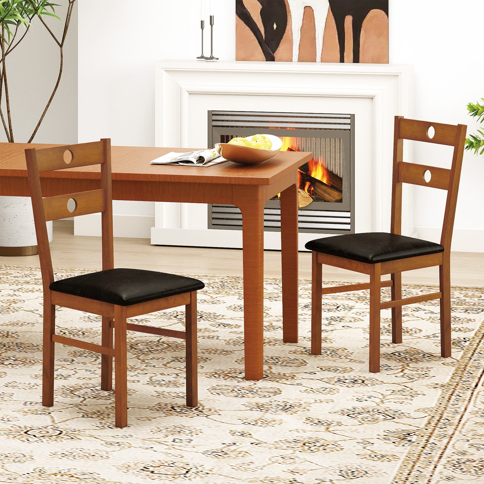 Wooden Dining Chairs Set of 4 Armless Kitchen Chairs with Hollowed Backrest, Brown Dining Chairs at Gallery Canada