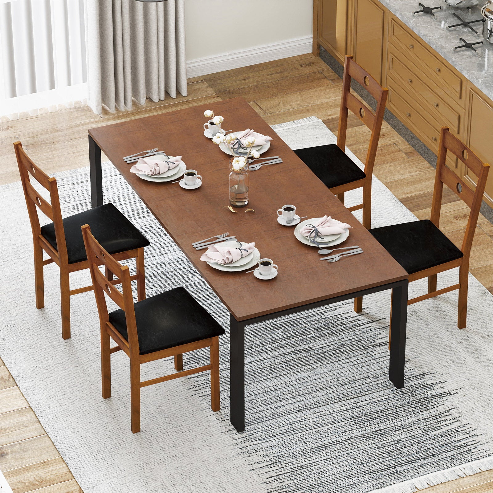 Wooden Dining Chairs Set of 4 Armless Kitchen Chairs with Hollowed Backrest, Brown Dining Chairs at Gallery Canada