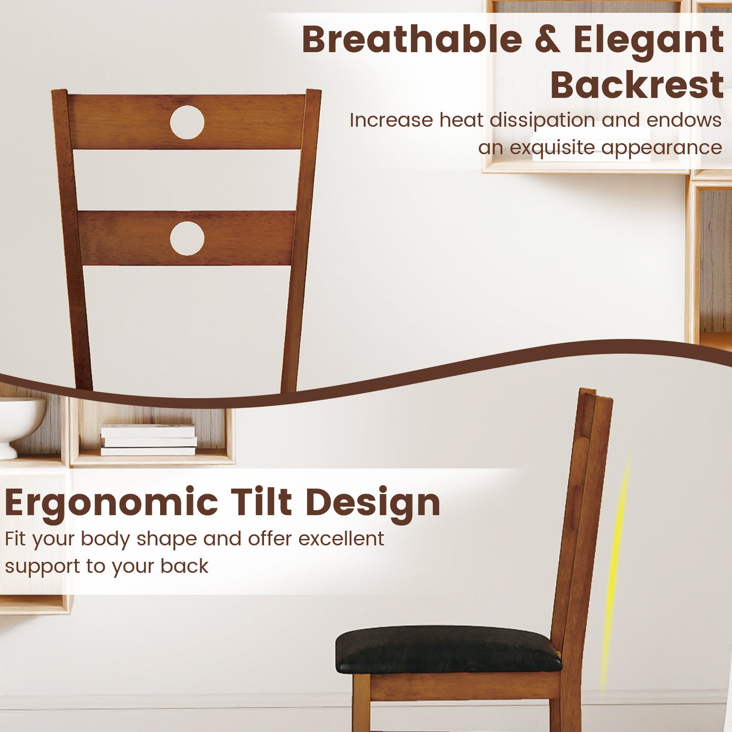 Wooden Dining Chairs Set of 4 Armless Kitchen Chairs with Hollowed Backrest, Brown Dining Chairs at Gallery Canada