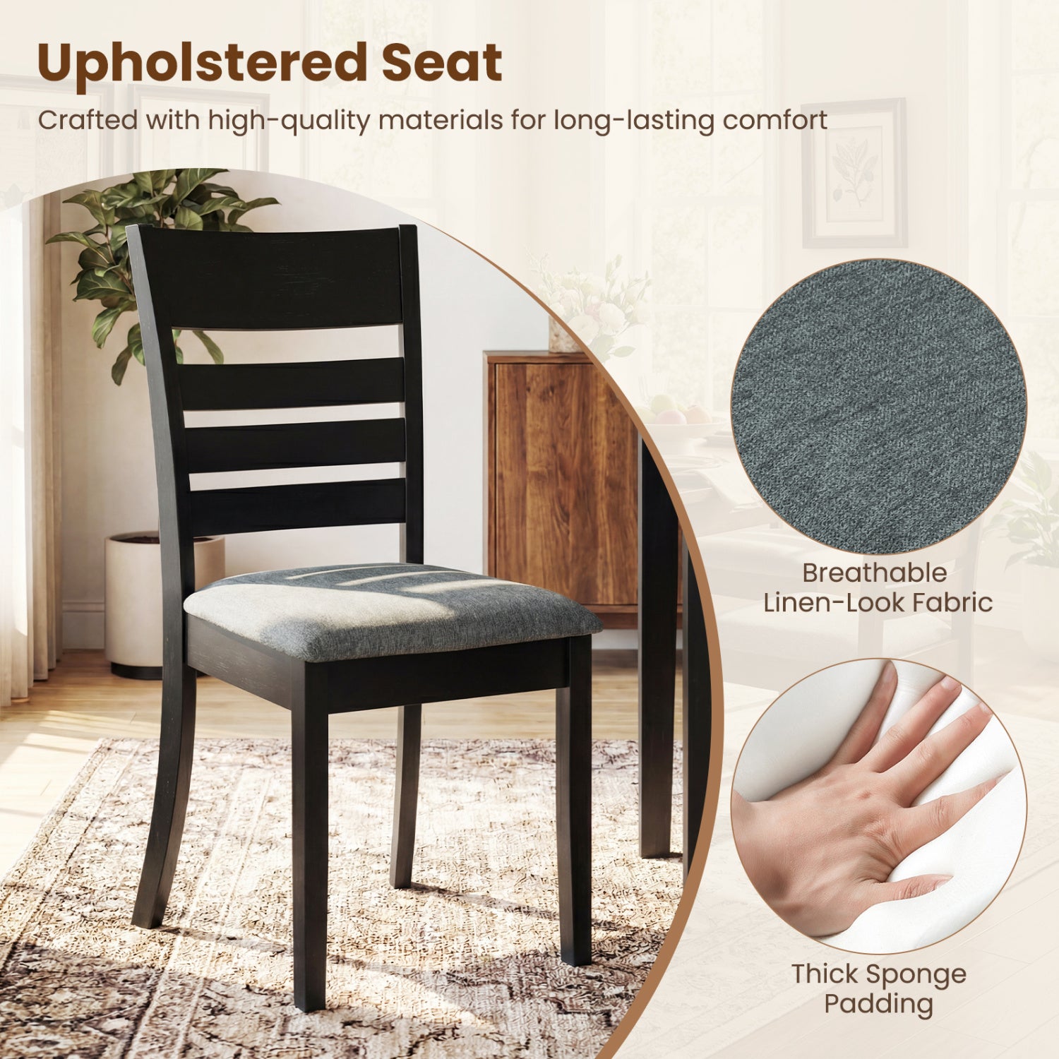 Wooden Dining Chairs Set of 2, Upholstered Kitchen Chairs, Rubber Wood Frame, Black Dining Chairs at Gallery Canada