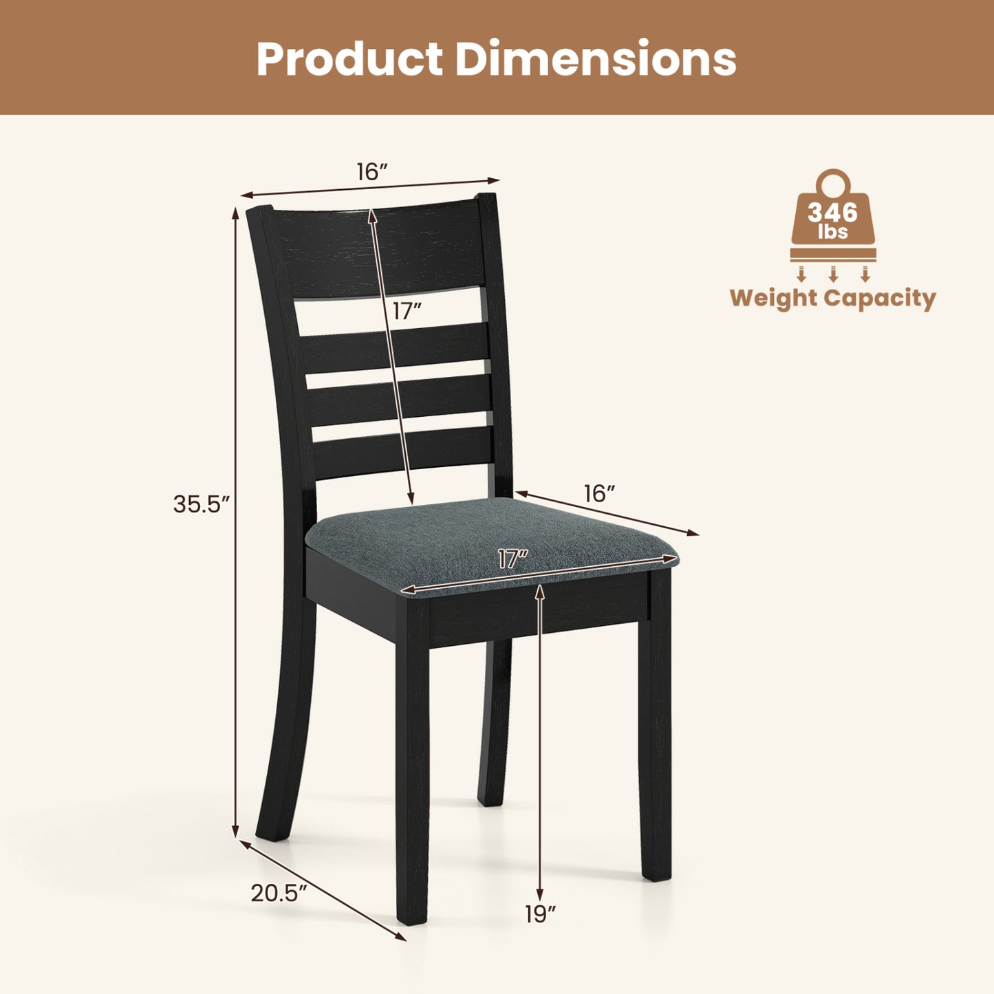 Wooden Dining Chairs Set of 2, Upholstered Kitchen Chairs, Rubber Wood Frame, Black Dining Chairs at Gallery Canada