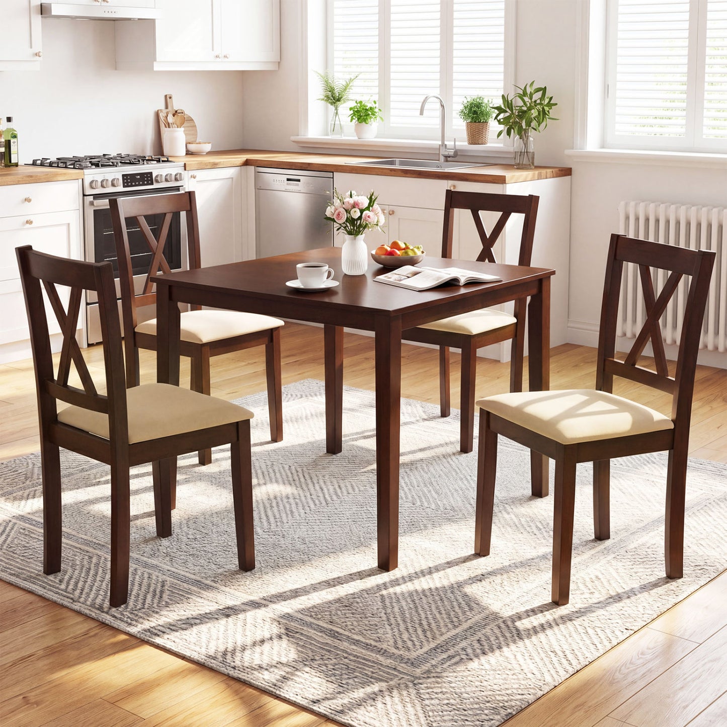 Wooden Dining Chairs Set of 4, Fabric Upholstered, Walnut Dining Chairs at Gallery Canada