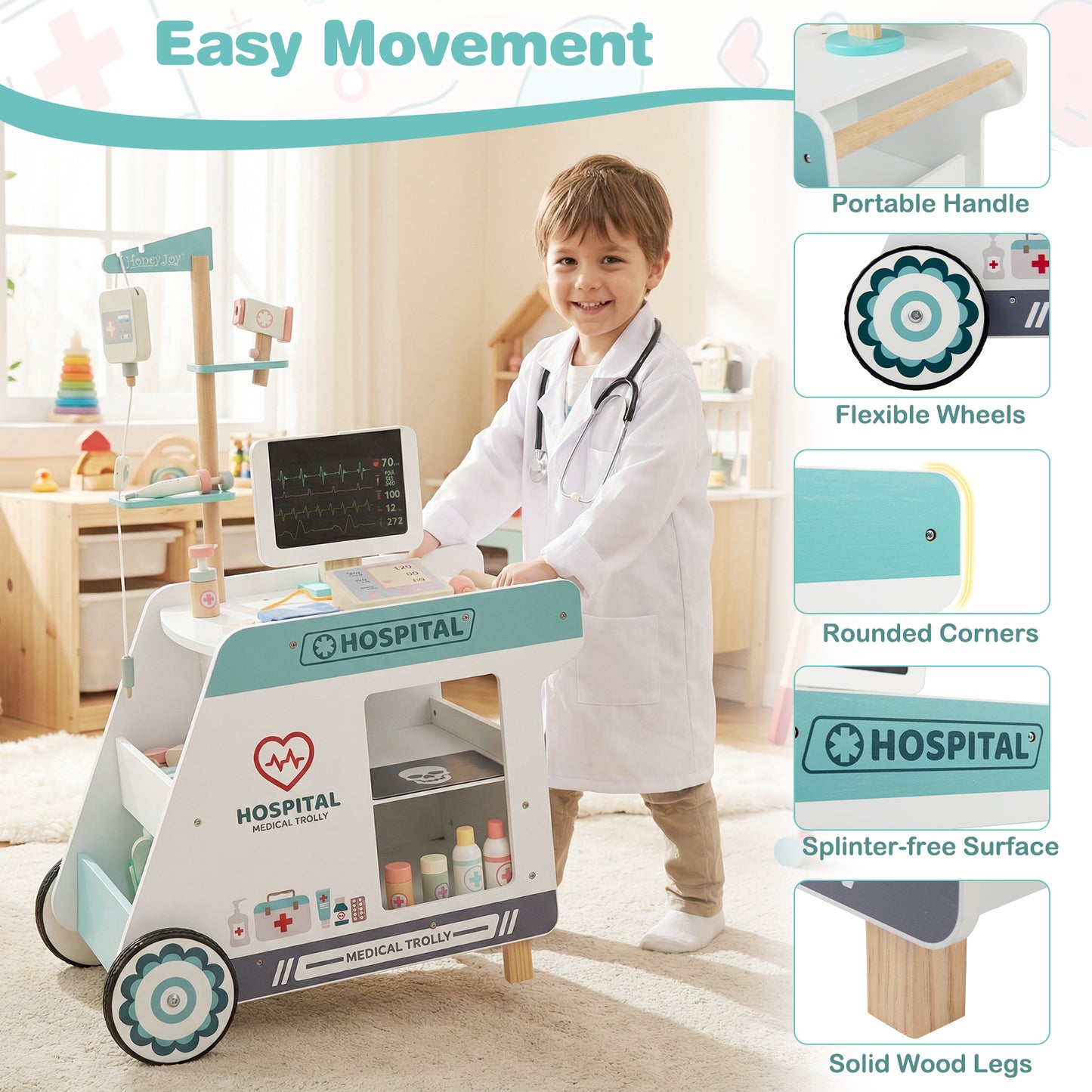 Wooden Doctor Playset for Kids Pretend Play Doctor Kit with Cart Gift for Toddlers Boys Girls Aged 3+, Green Play Tents & Playhouse at Gallery Canada