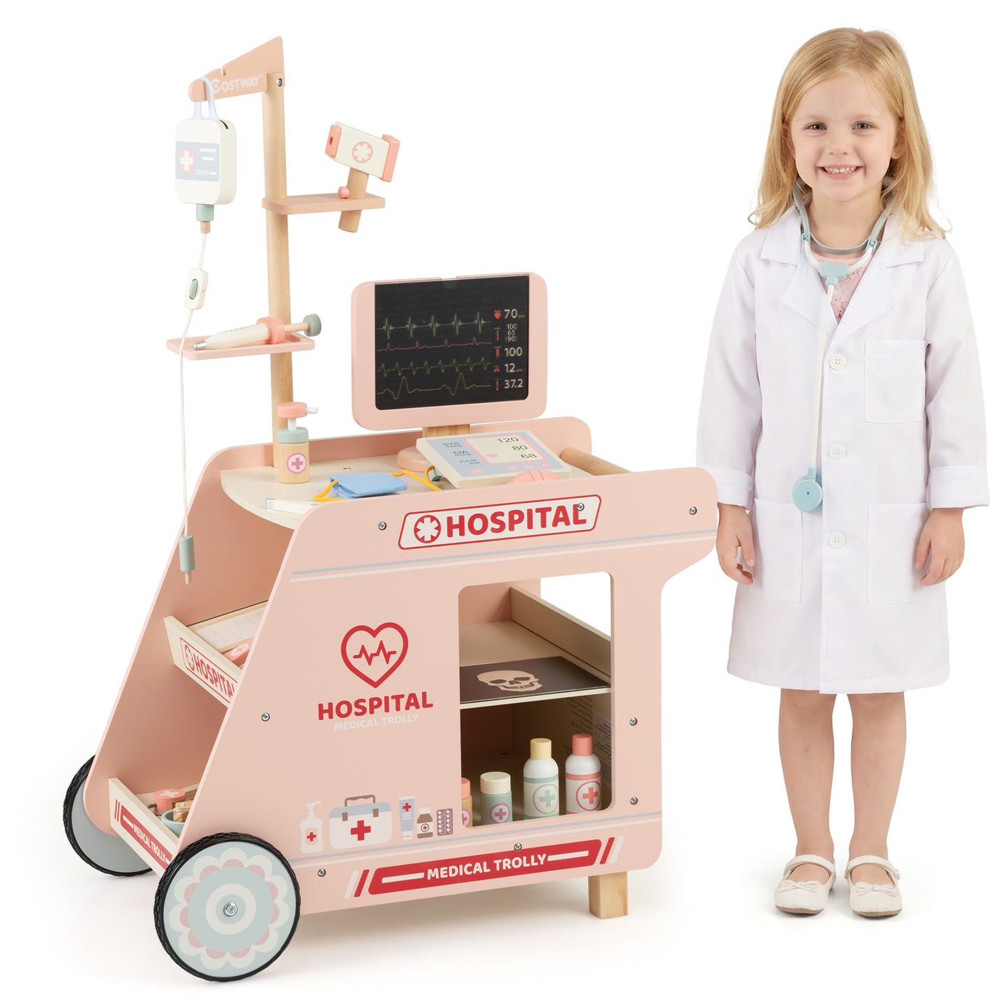 Wooden Doctor Playset for Kids Pretend Play Doctor Kit with Cart Gift for Toddlers Boys Girls Aged 3+, Pink Play Tents & Playhouse Pink at Gallery Canada