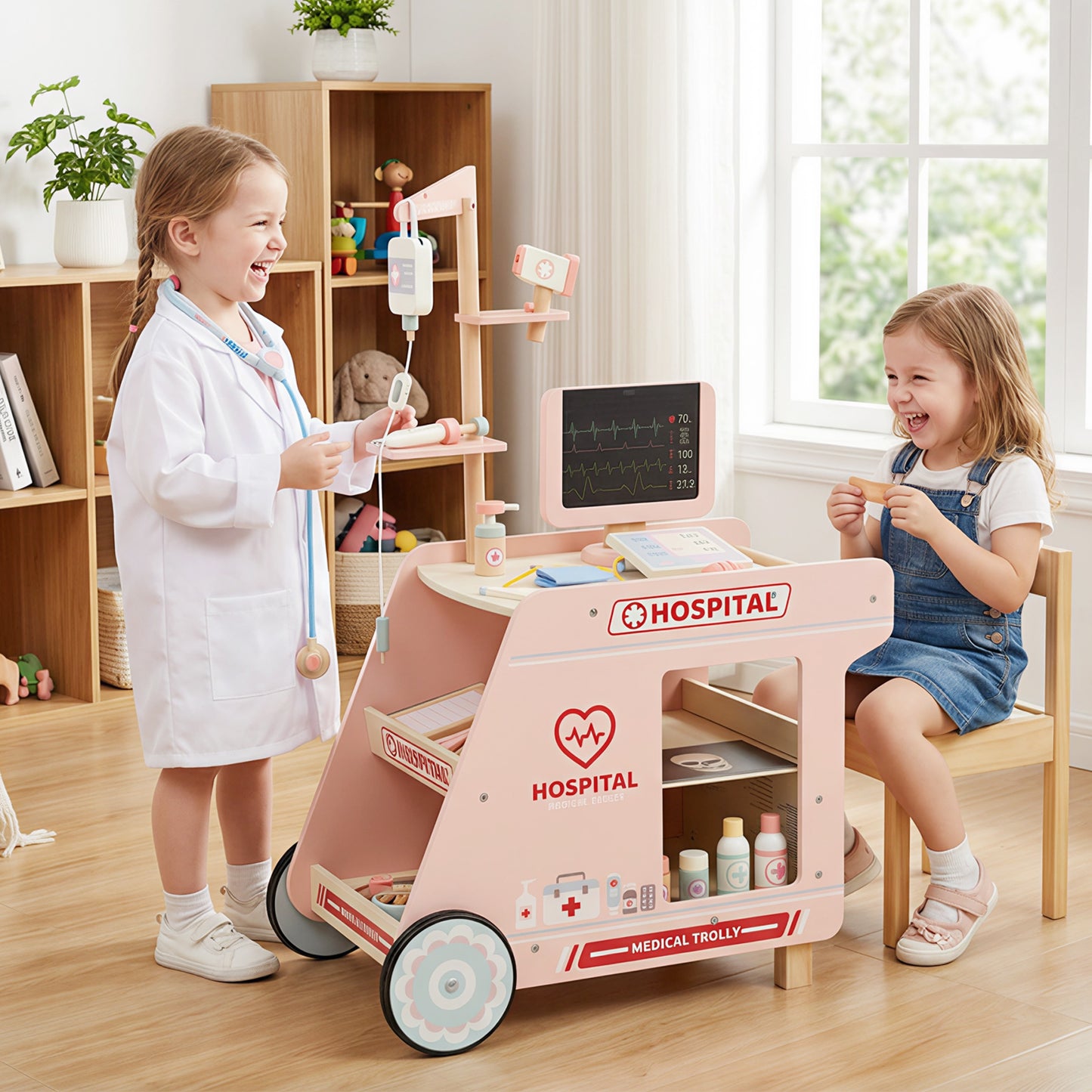 Wooden Doctor Playset for Kids Pretend Play Doctor Kit with Cart Gift for Toddlers Boys Girls Aged 3+, Pink Play Tents & Playhouse at Gallery Canada
