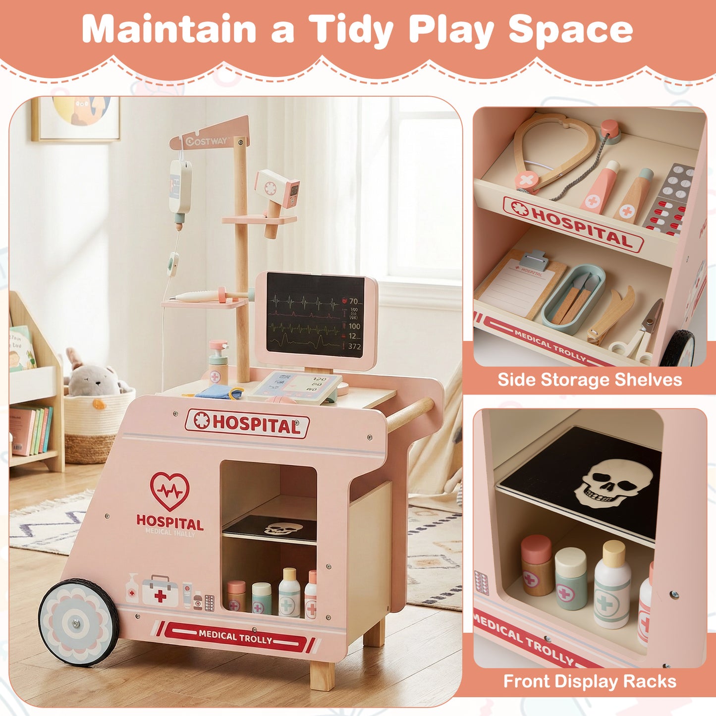 Wooden Doctor Playset for Kids Pretend Play Doctor Kit with Cart Gift for Toddlers Boys Girls Aged 3+, Pink Play Tents & Playhouse at Gallery Canada