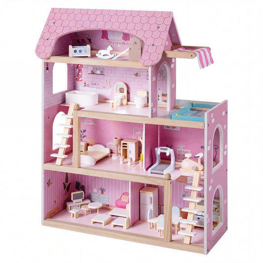 Wooden Dollhouse Kids DIY Playhouse with 33 Pcs Furniture, Pink Play Tents & Playhouse Pink at Gallery Canada