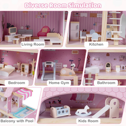 Maison de poupée en bois pour enfants, maison de jeu DIY avec 33 meubles, rose