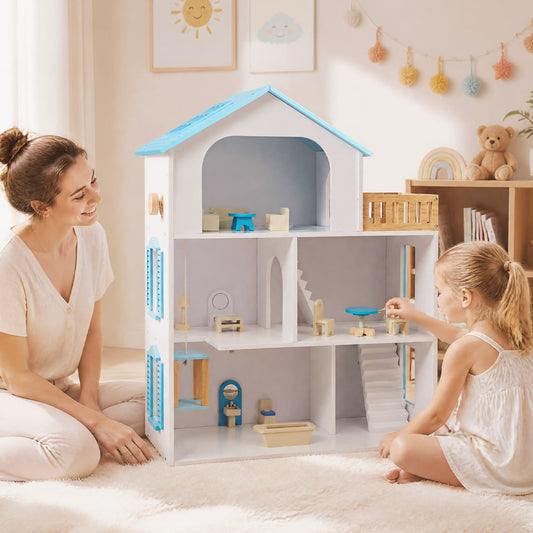 Wooden Dollhouse, 5 Rooms, Furniture, Kids, Blue Play Kitchen Sets Blue at Gallery Canada