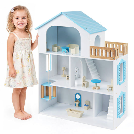 Wooden Dollhouse, 5 Rooms, Furniture, Kids, Blue Play Kitchen Sets Blue at Gallery Canada
