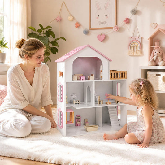 Wooden Dollhouse, 5 Rooms, Furniture Accessories, Pink Play Kitchen Sets Pink at Gallery Canada