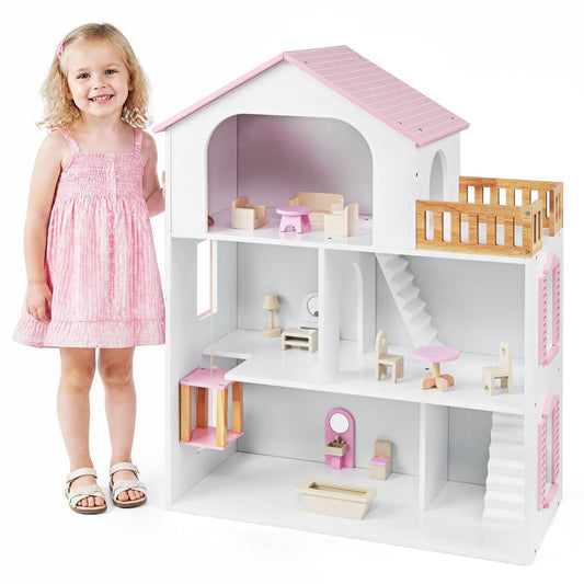 Wooden Dollhouse, 5 Rooms, Furniture Accessories, Pink Play Kitchen Sets Pink at Gallery Canada