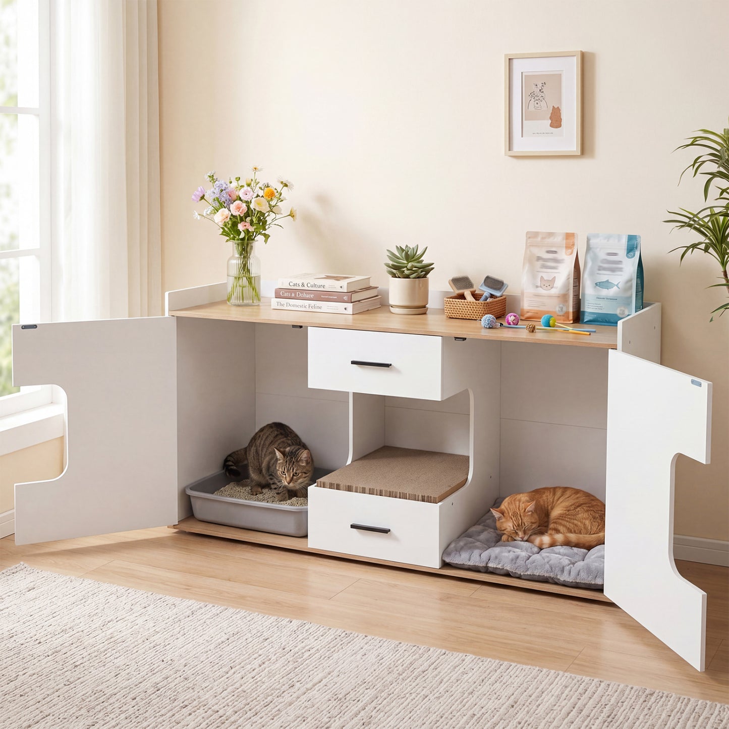 Wooden Hidden Cat House Cabinet, Wide Countertop, 2 Drawers, 2 Doors, Natural Cat Houses at Gallery Canada