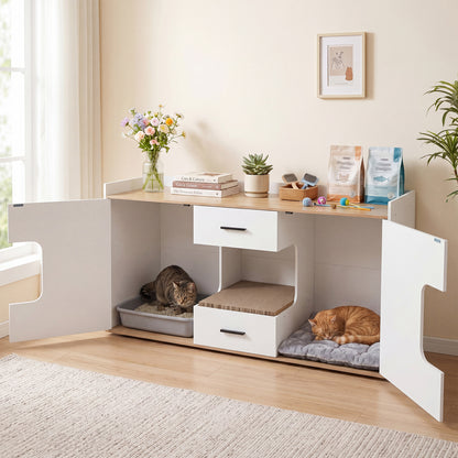 Wooden Hidden Cat House Cabinet, Wide Countertop, 2 Drawers, 2 Doors, Natural Cat Houses at Gallery Canada