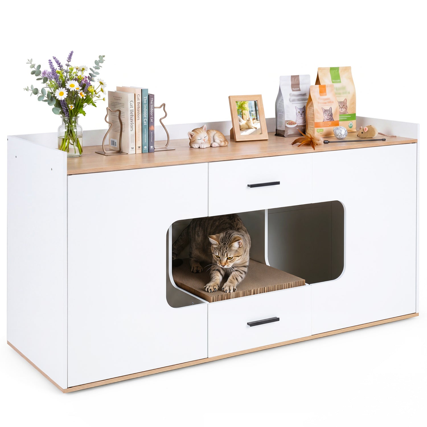 Wooden Hidden Cat House Cabinet, Wide Countertop, 2 Drawers, 2 Doors, Natural Cat Houses at Gallery Canada