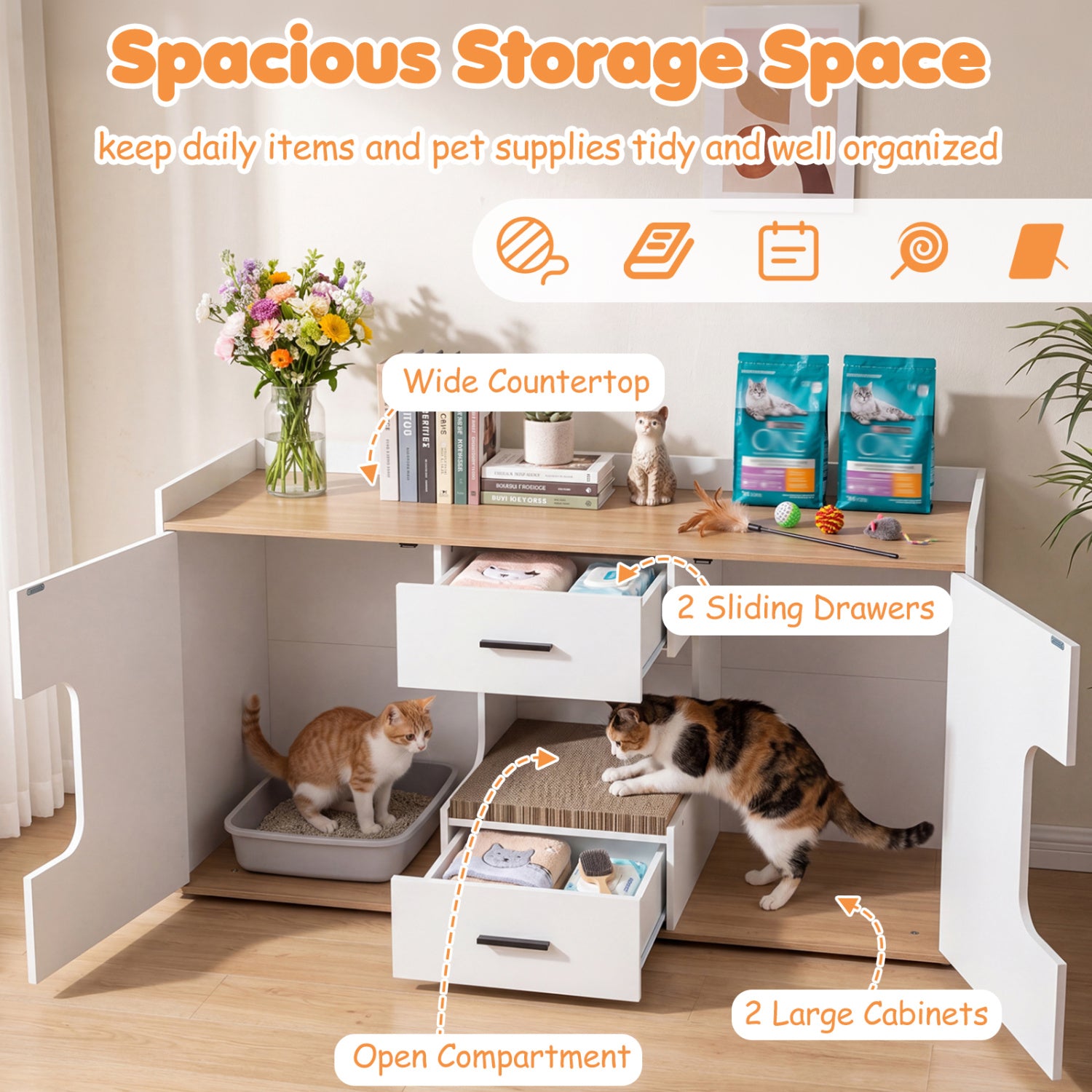 Wooden Hidden Cat House Cabinet, Wide Countertop, 2 Drawers, 2 Doors, Natural Cat Houses at Gallery Canada