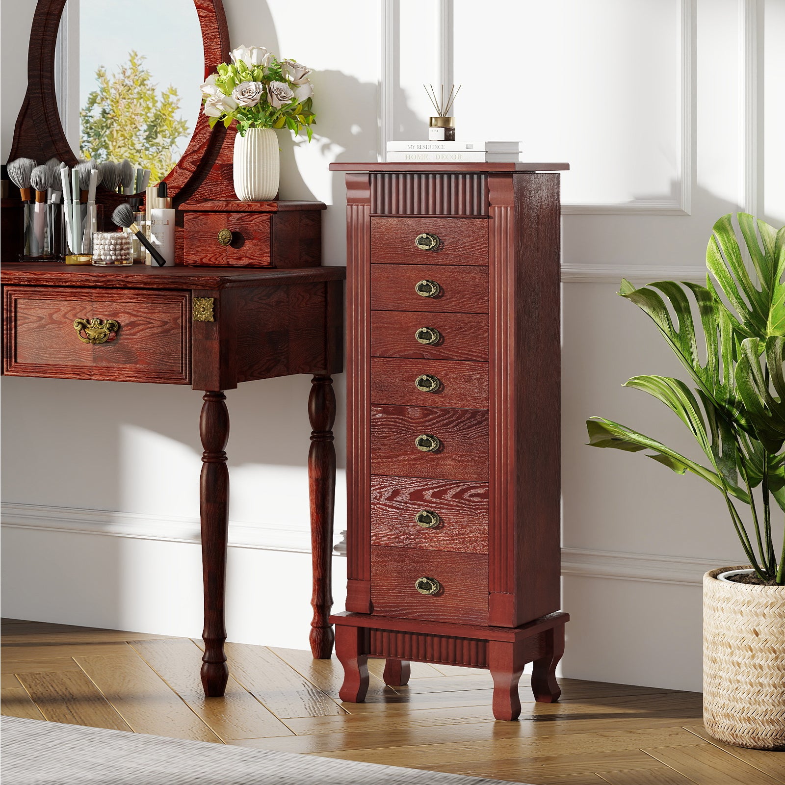 Wooden Jewelry Armoire Cabinet Storage Chest with Drawers and Swing Doors, Brown Jewelry Armoires at Gallery Canada